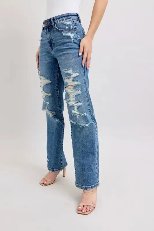 High Waist Heavy Destroy Straight Jeans