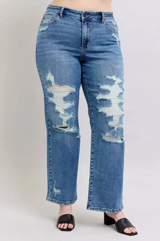 High Waist Heavy Destroy Straight Jeans