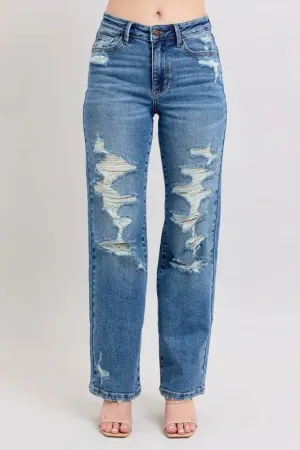 High Waist Heavy Destroy Straight Jeans