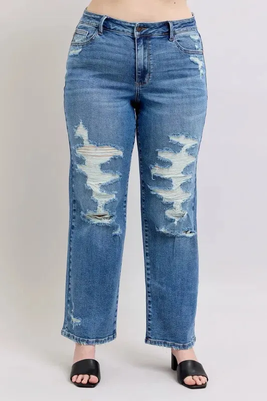High Waist Heavy Destroy Straight Jeans
