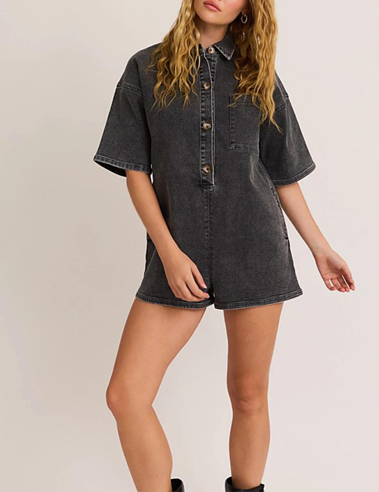 Katerina Washed Black Denim Romper