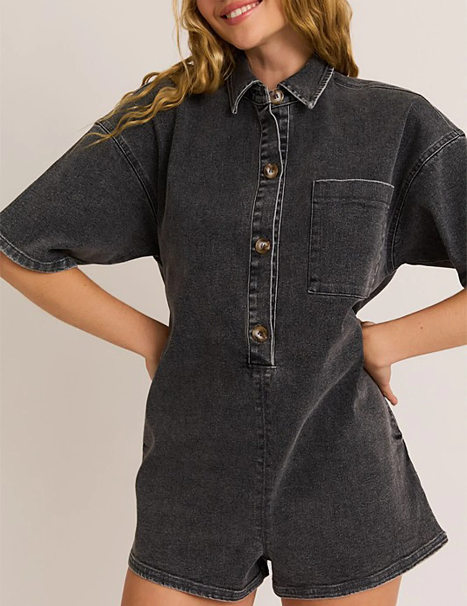 Katerina Washed Black Denim Romper