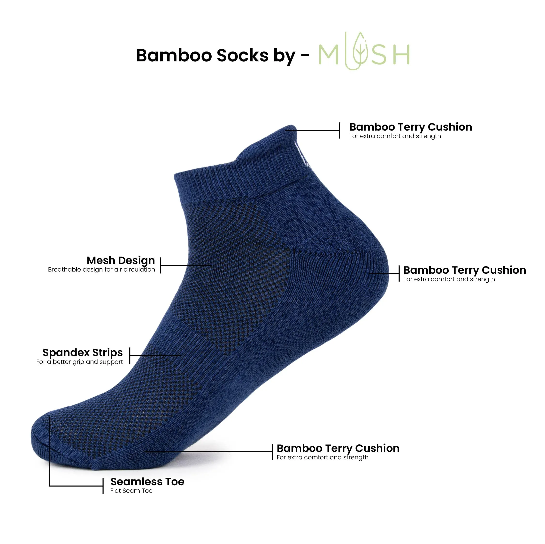 Mush Bamboo Performance Socks for Men || Sports & Casual Wear Ultra Soft, Anti Odor, Breathable Ankle Length UK Size 7-11 (Pack of 6)