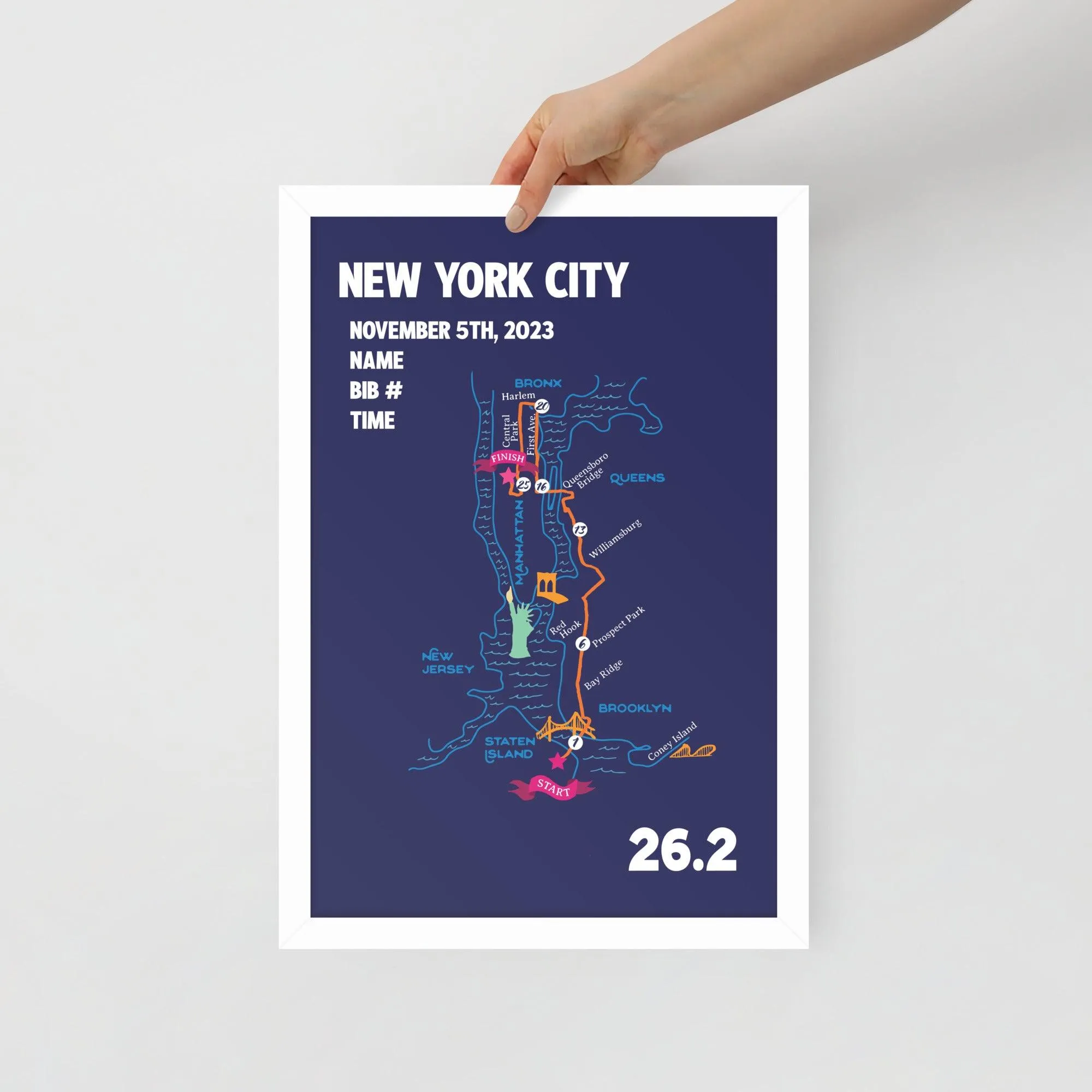New York City Map Print - Personalized Marathon Map with Year, Finisher Time, Bib Number - Marathon Map