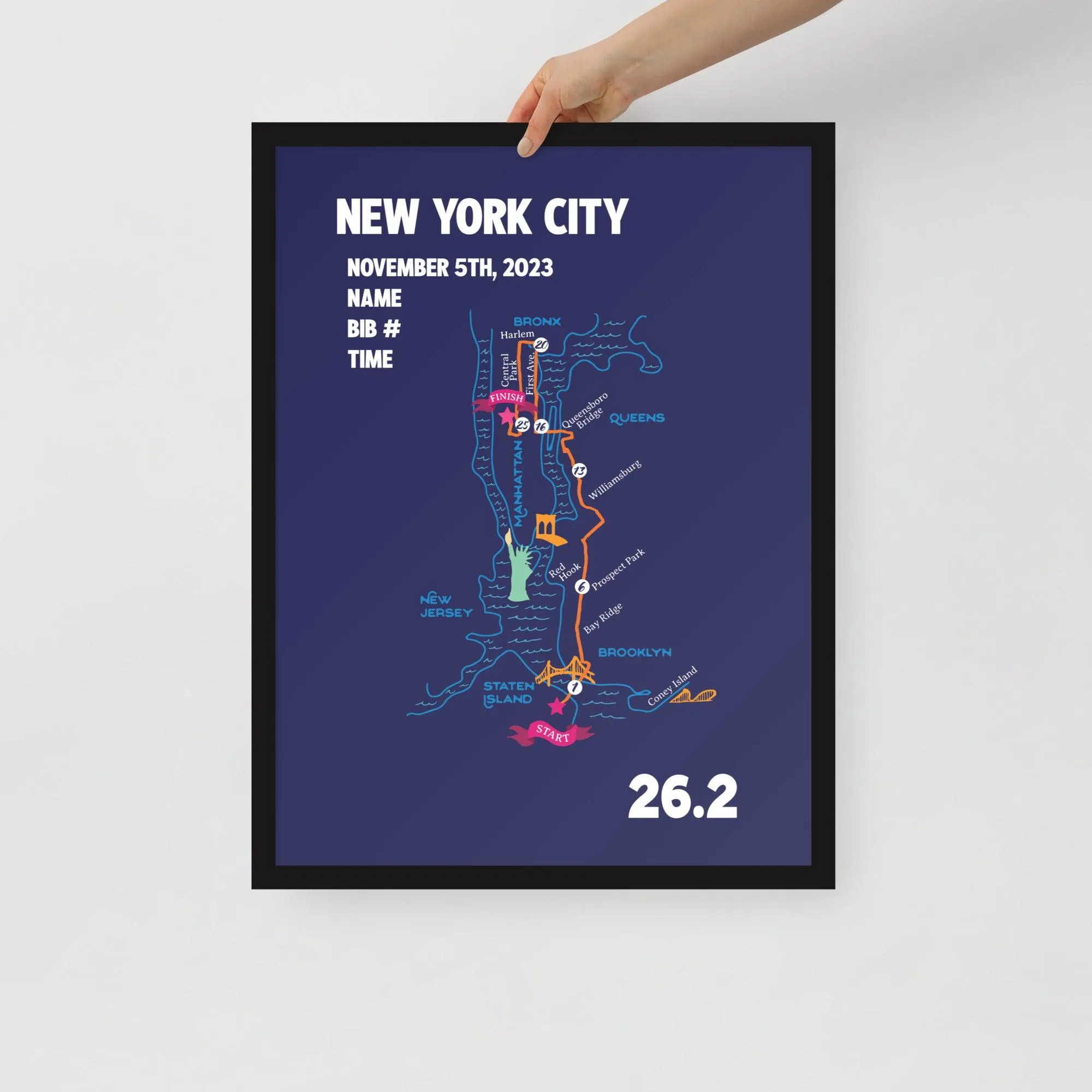 New York City Map Print - Personalized Marathon Map with Year, Finisher Time, Bib Number - Marathon Map