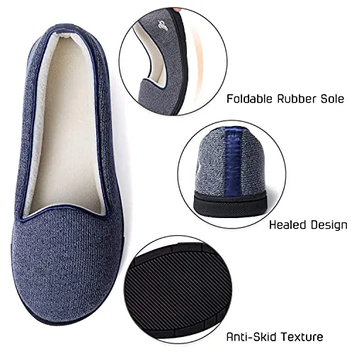 Wishcotton Womens Cozy Light House Slippers, Memory Foam House Shoes with Closed Back, Non slip Rubber Sole Indoor Outdoor, Navy, 8 M US